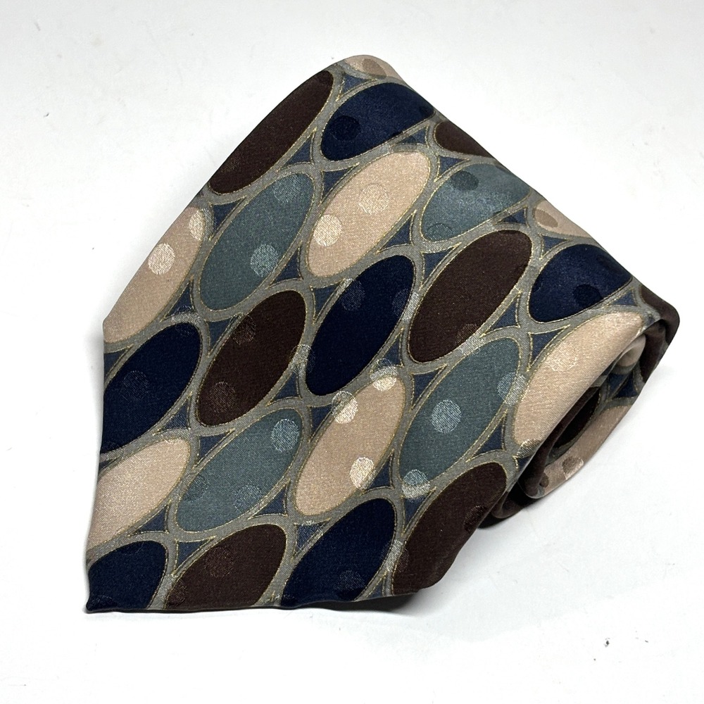 Bachrach Necktie Mens OS Blue Brown Silk Geometric Made in Italy Tie  Corporate